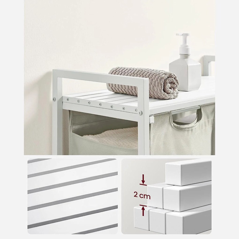 Kôš na bielizeň s 2 priehradkami, kovový rám, biela a sivá farba