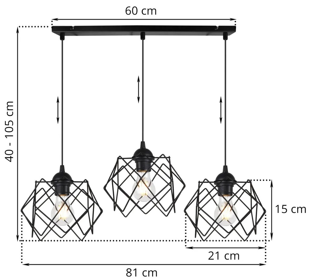 Závesné svietidlo Stella, 3x čierne drôtené tienidlo
