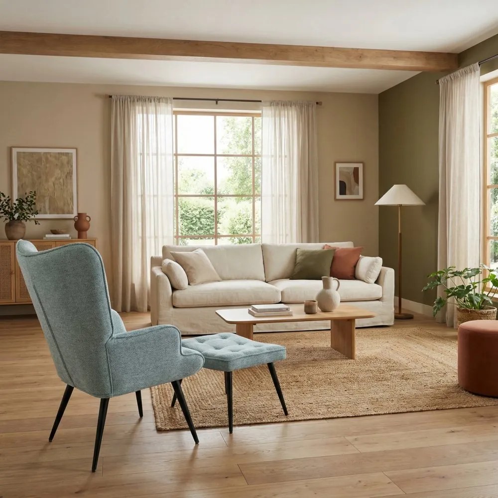 Relaxačné kreslo ušiak s taburetom ROYAL II — kov, látka, modrá