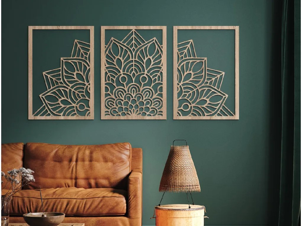 drevko Viacdielna mandala na stenu Kvet Rozmer obrazu: 29,5 x 65 cm, Farba dekorácie: Čierna