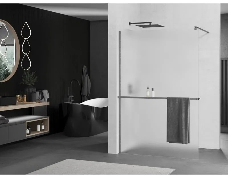 Mexen Kioto+, sprchová zástena Walk-In s poličkou a vešiakom 110 x 200 cm, 8mm sklo námraza, grafitový profil, 800-110-121-95-30
