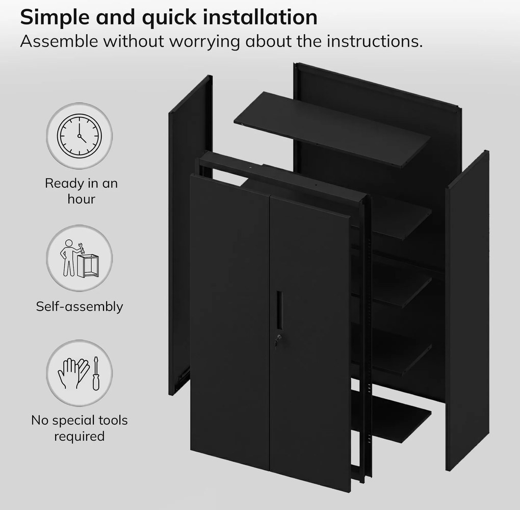 Kovová skriňa MEGAN – čierna, dvojitá zásuvka, 195 cm