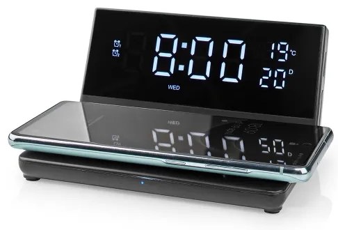 Nedis WCACQ20BK - Budík s LCD displejom a bezdrôtovú nabíjačkou 15W/5V čierna
