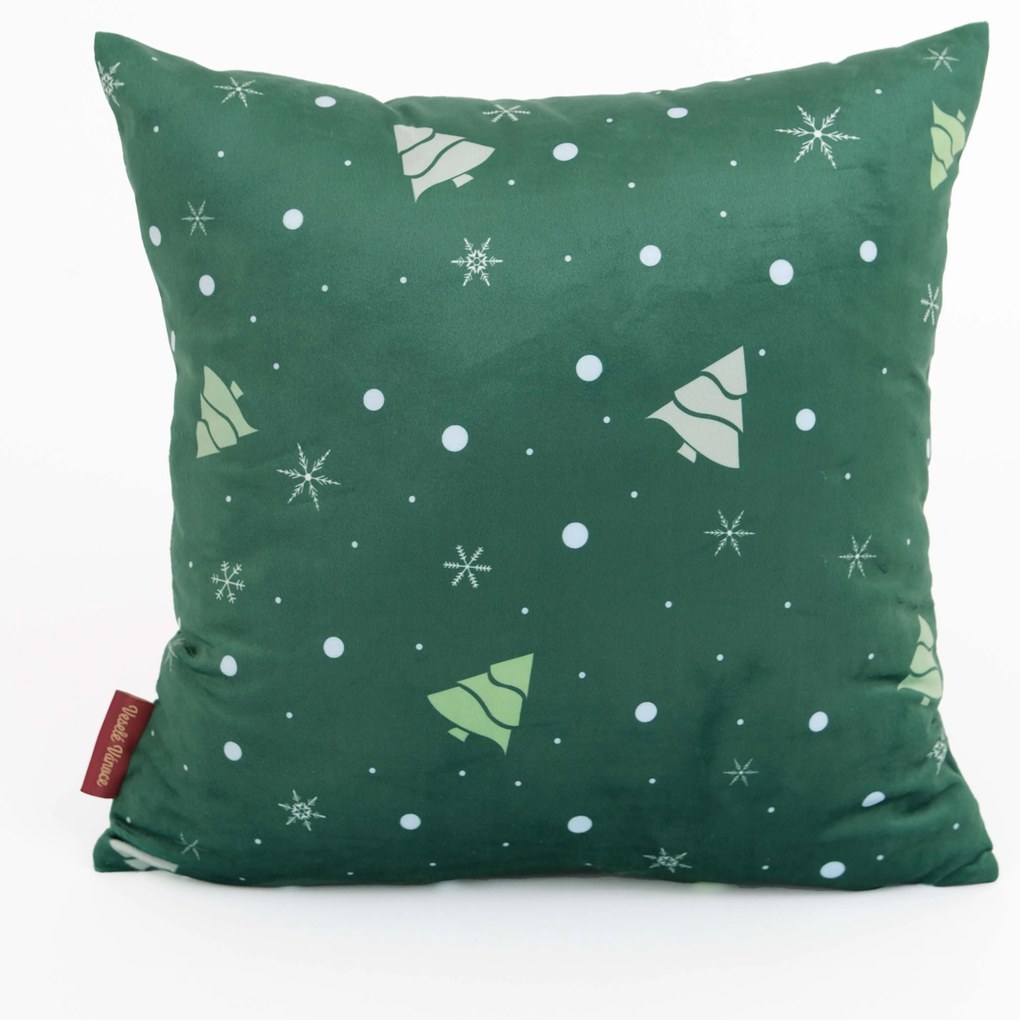 Vianočná obliečka na vankúšik Velvet 40 × 40 cm - Vločky a stromčeky zelený