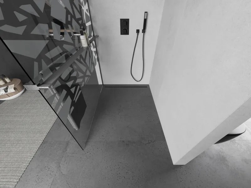 Mexen Kioto+, sprchová zástena Walk-In s poličkou a vešiakom 70 x 200 cm, 8mm číre sklo biely vzor, grafitový profil, 800-070-121-66-85