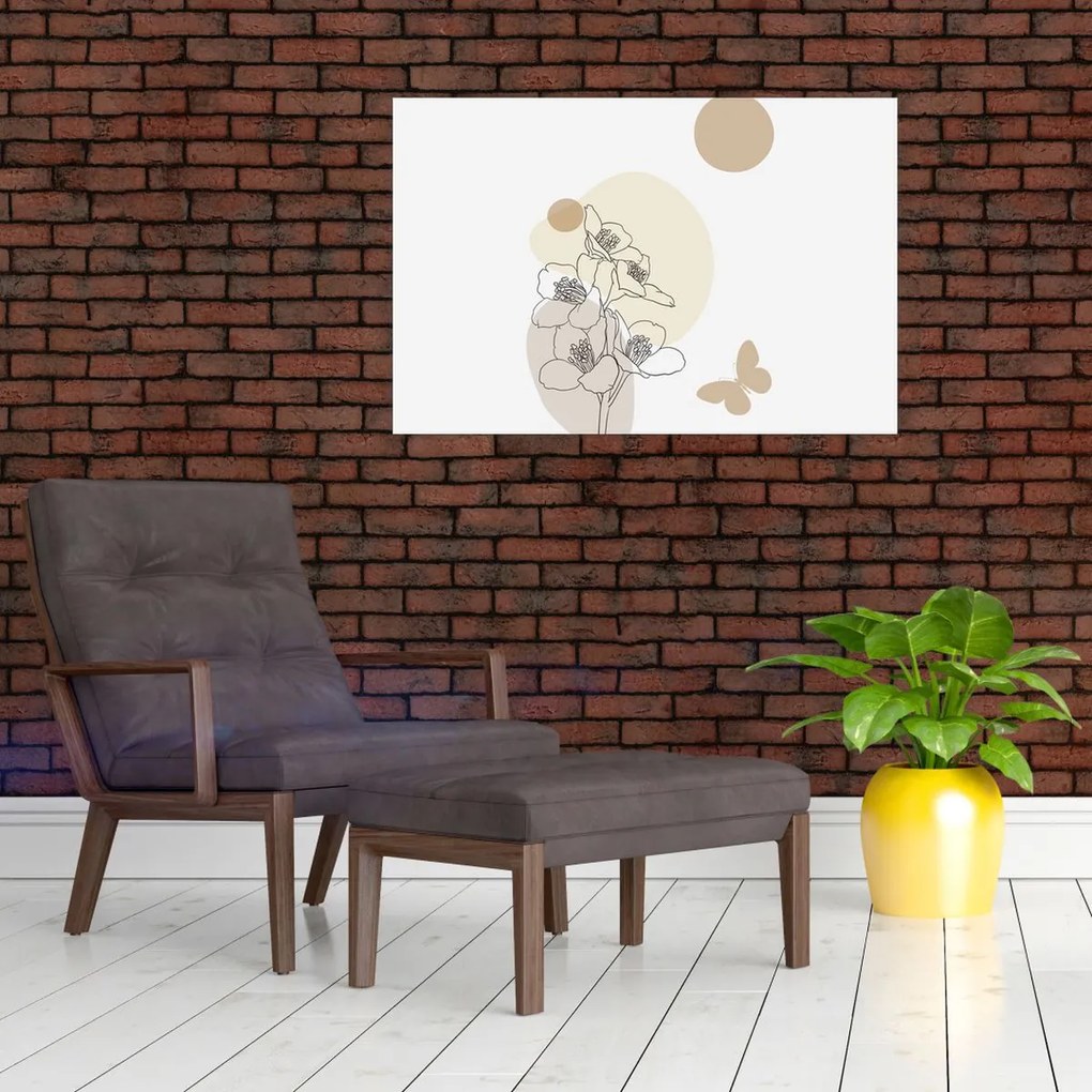 Obraz - Béžové kvety s motýľom N⁰4 (90x60 cm)