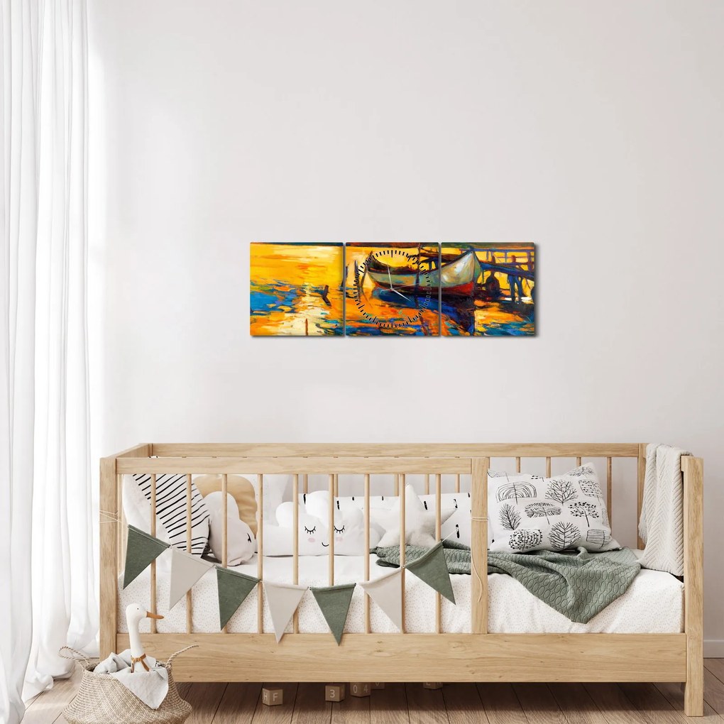 Obraz - Loďka pri západe slnka (s hodinami) (90x30 cm)