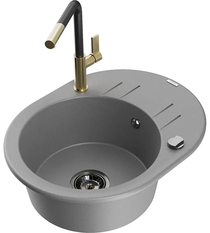 Mexen Kevin, 1-komorový granitový drez 586x458x190 mm a drezová batéria Flora, šedá, 6517-71-670401-57-B
