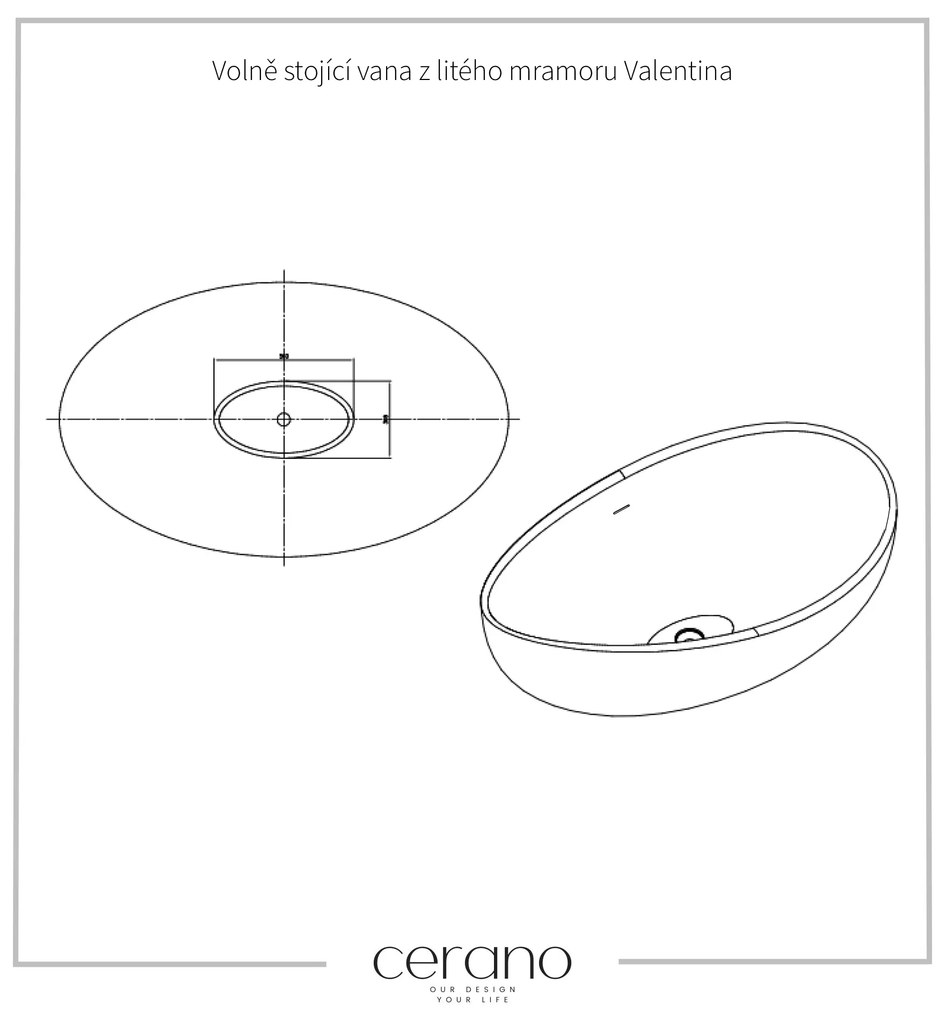 Cerano Valentina, voľne stojaca vaňa z liateho mramoru 180x110 cm, čierna matná, CER-CER-417521