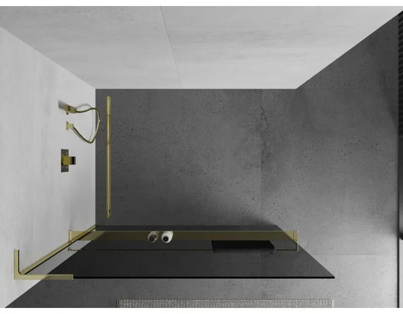 Mexen Kioto+ L, sprchová zástena Walk-In s poličkou a vešiakom 110 x 200 cm, 8mm šedé sklo, zlatý lesklý profil,800-110-123-50-40