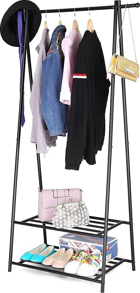 Kovový stojan na šaty s 2 policami na topánky, čierny