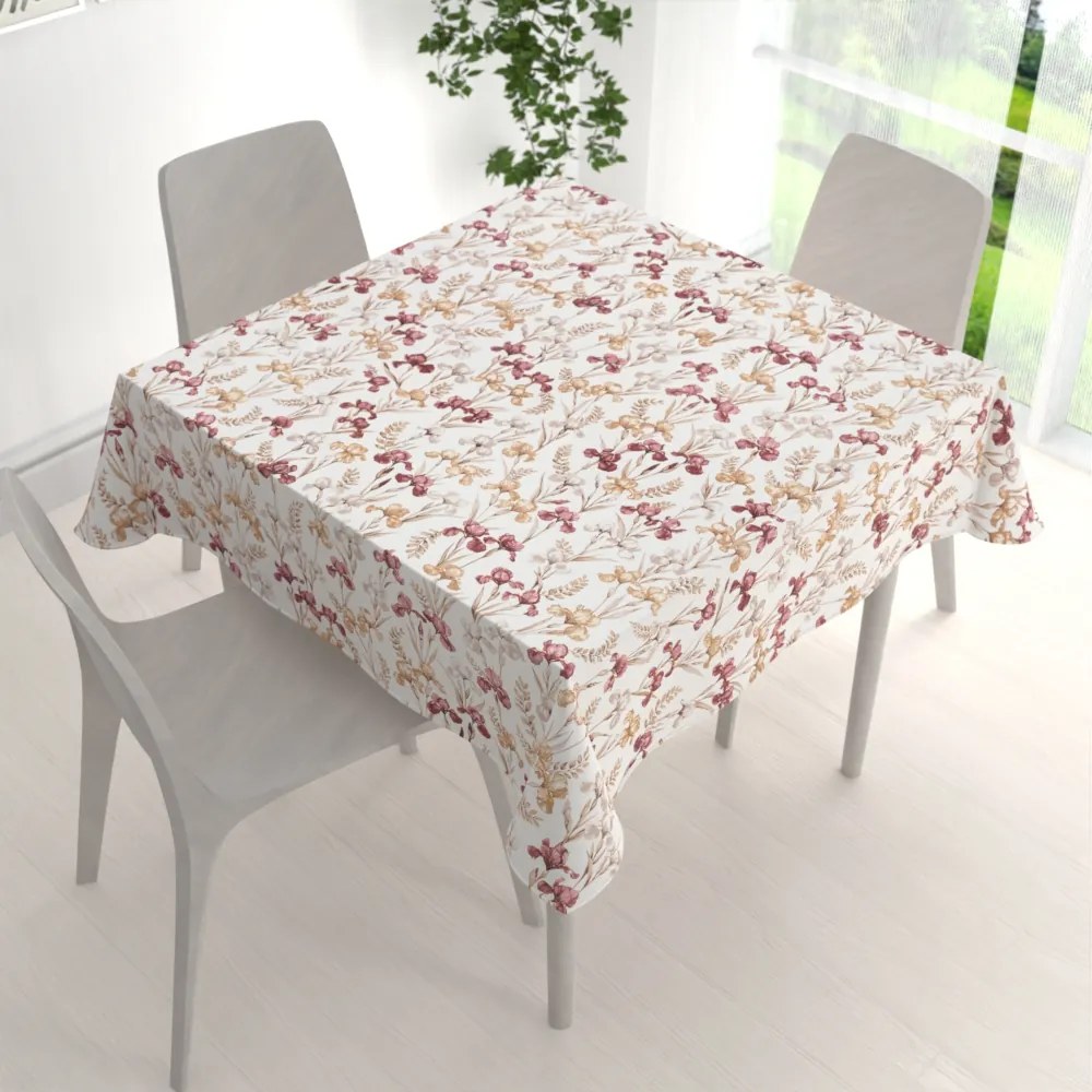 Biante Bavlnený štvorcový obrus Sandra SA-636 Vínovo-béžové kosatce na bielom 130x130 cm