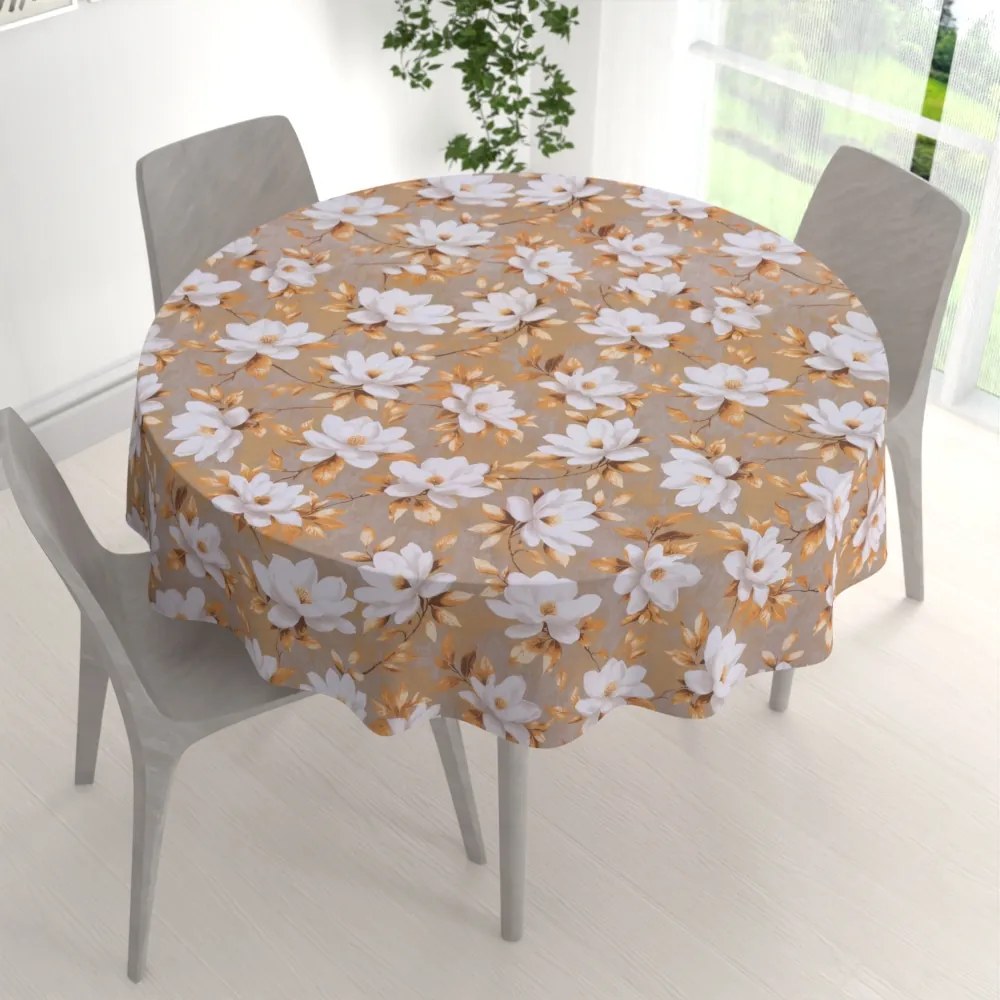 Biante Bavlnený okrúhly obrus Sandra SA-717 Biele kvety magnólie na hnedosivom Ø 130 cm