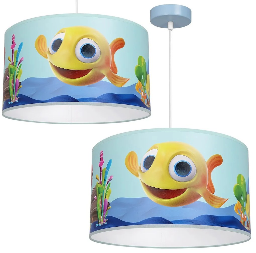 Detské závesné svietidlo Fish, 1x plastové tienidlo so vzorom, bl
