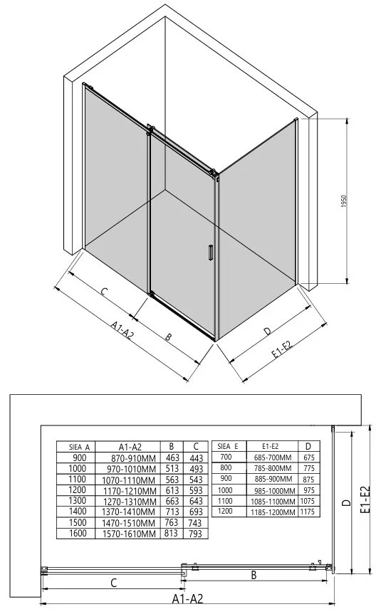 Erga Lynn, sprchový kút s posuvnými dverami 140(dvere) x 70(stena) x 195 cm, 8mm šedé sklo, čierny profil, ERG-V02-LYNN-D140G070-GR-BK