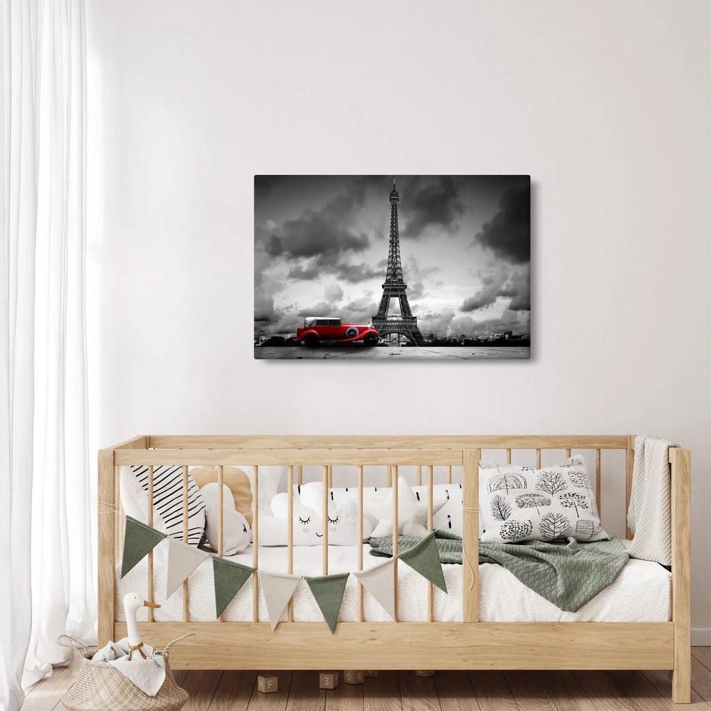 Obraz - Eiffelova veža a červené auto (90x60 cm)