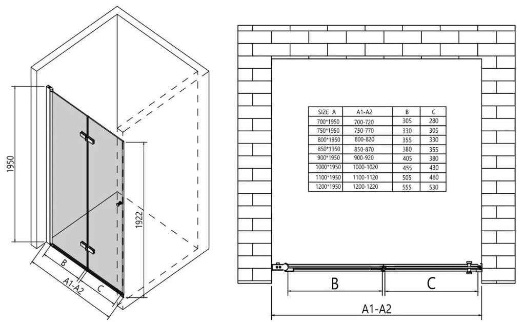 Erga Berlin, skladacie sprchové dvere do otvoru 85x195 cm, 6mm číre sklo, čierny profil, ERG-V02-BERLIN-D085-BK