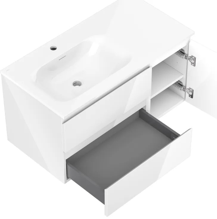 Mexen Orio, kúpeľňová skrinka 90 cm s umývadlom Vela ľavá, 2S, 1D, biela lesklá, 91A13-09047-3-BBFFF00-W23L00
