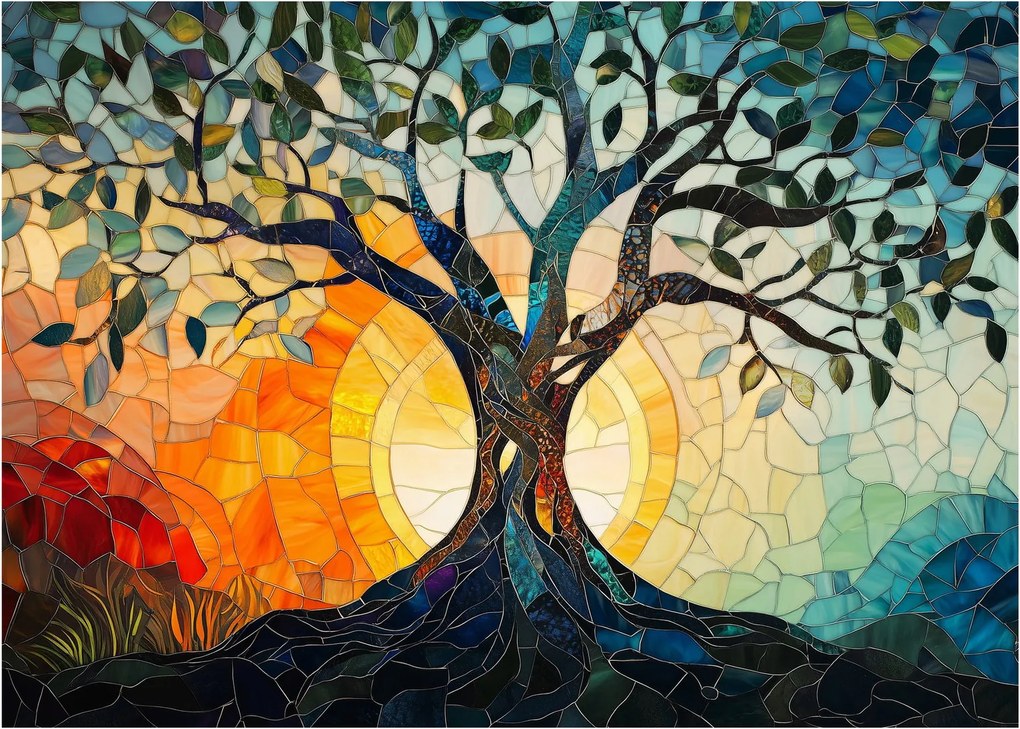 Sklenený obraz – Mozaika – slnko a strom I. (70x50 cm)
