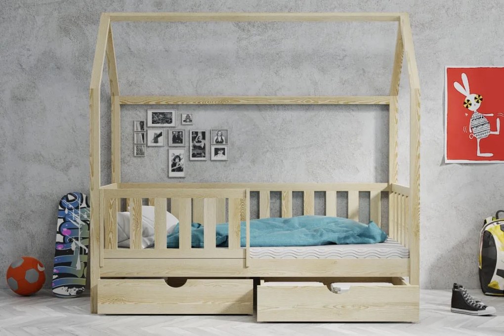 Detská domčeková posteľ z masívu borovice MAGDA so šuplíkmi - 200x90 cm - PRÍRODNÁ BOROVICA