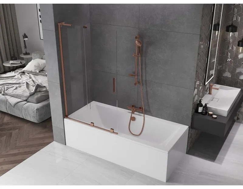 Mexen Velar L, 2-krídlová posuvná vaňová zástena 100 x 150 cm, 8mm číre sklo, medená matná, 896-100-003-01-65