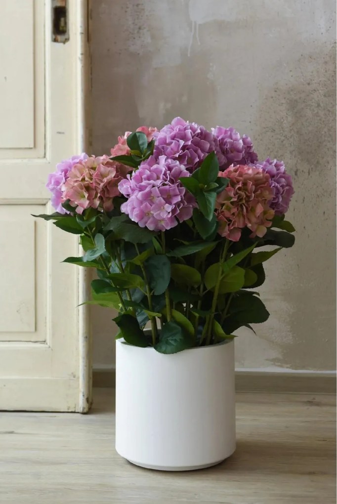 Umelá hortenzia HYDRANGEA v bielom kvetináči, výška 78 cm, ružová
