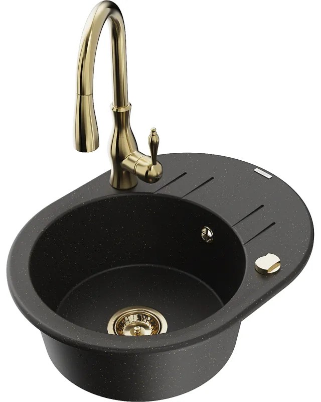 Mexen Kevin, granitový drez 586x458x190 mm, 1-komorový a drezová batéria Savita, čierna-zlatá metalíza, 6517-75-672601-50