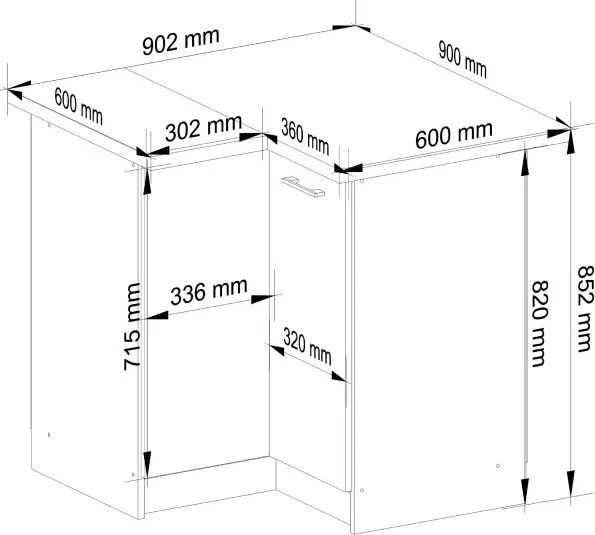 Spodná rohová kuchynská skrinka s doskou OLIWIA S90/90 biela / grafitová, lesk