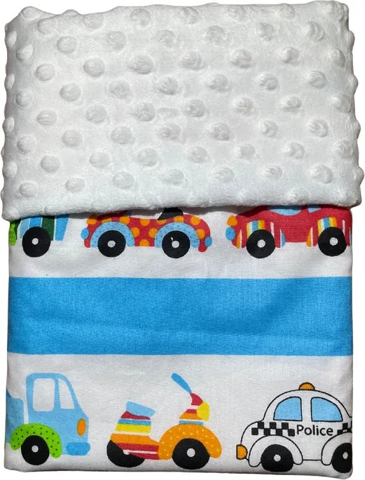 Detská deka Autíčka/minky krémová 60x70 cm – mäkučká deka do kočíka aj postieľky