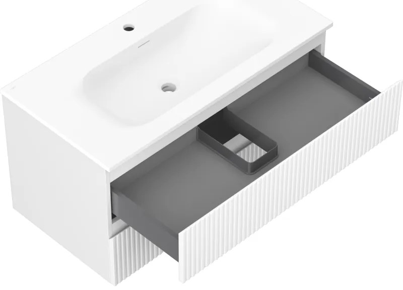 Mexen Rivel, kúpeľňová skrinka 90 cm s umývadlom Vela, 2 zásuvky, drážkovaná, biela matná, 91A20-09047-2-BFF01-W23M01