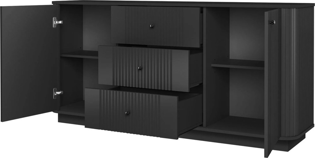 Komoda Vesper 160 cm so zásuvkami na sokli - čierna / čierne úchytky