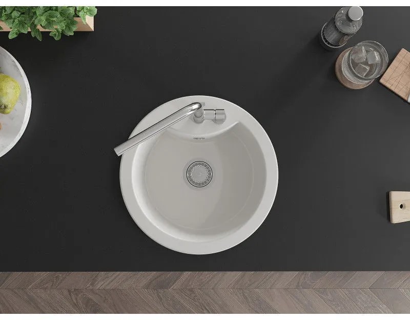Mexen Diego, 1-komorový granitový drez 488x488x167 mm a drezová batéria Flora, biela, 6512-20-670401-00