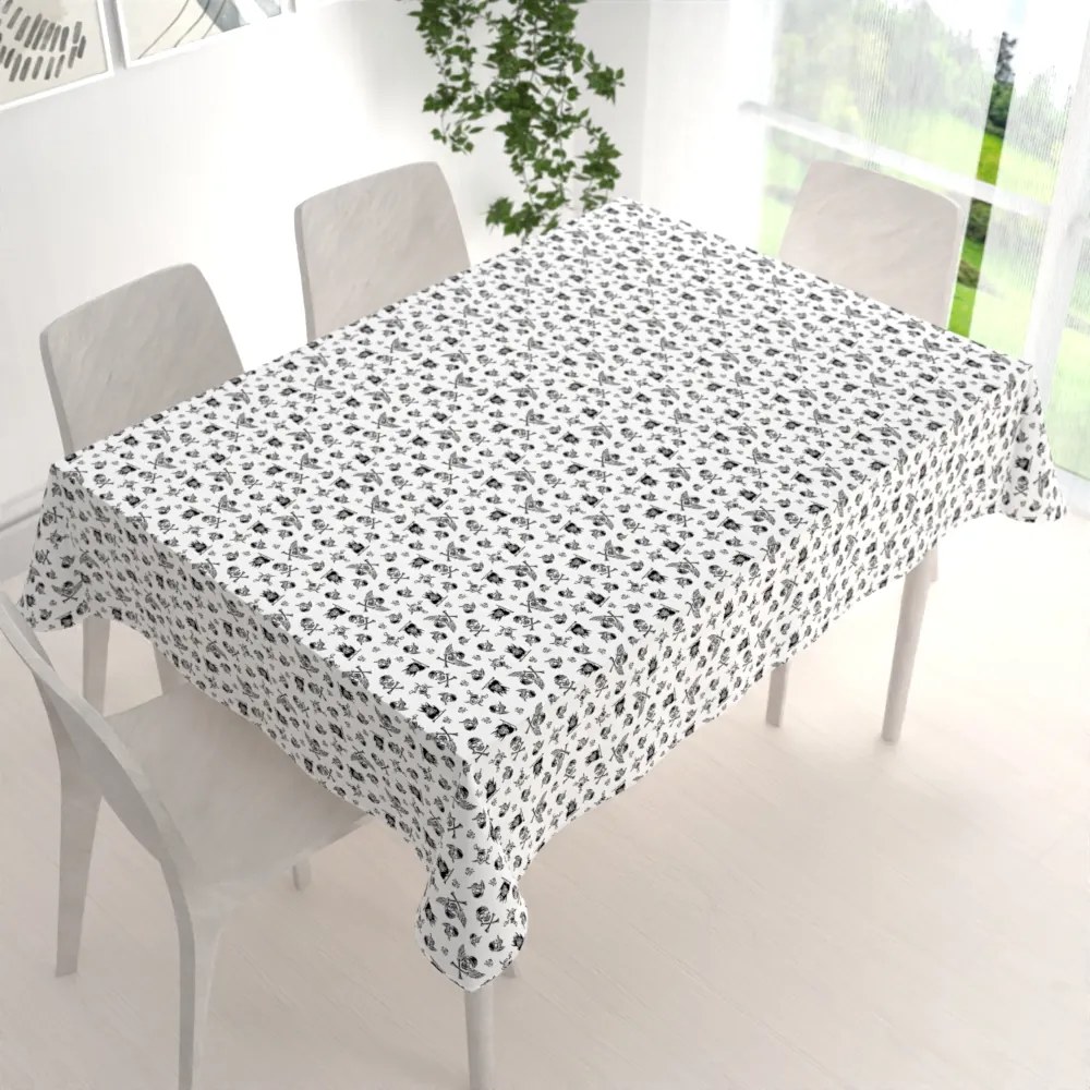 Biante Detský bavlnený obdĺžnikový obrus Sandra SA-105 Čierne pirátské lebky na bielom 100x140 cm
