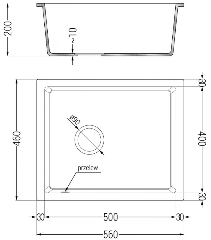 Mexen Pedro, granitový drez 560x460x200 mm, 1-komorový, čierna s čiernym sifónom, 6508561000-77-B