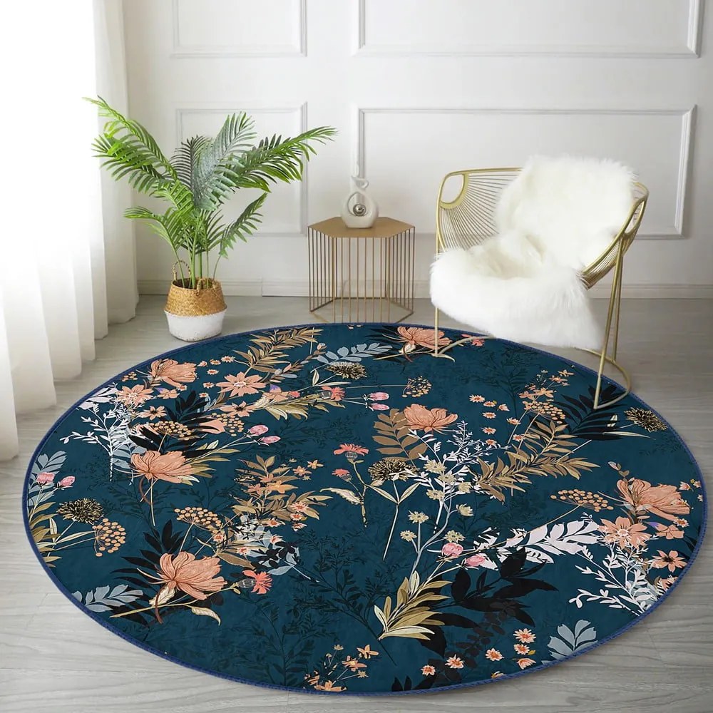 Tmavomodrý prateľný okrúhly koberec vhodný pre robotické vysávače ø 80 cm Comfort – Mila Home