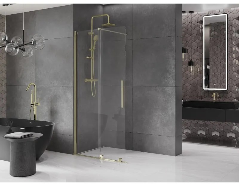 Mexen Velar, posuvné dvere do otvoru typ Walk-In 85 cm, 8mm číre sklo, zlatá lesklá, 871-085-000-03-50
