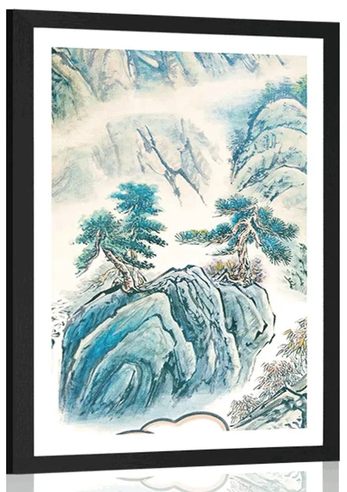 Plagát s paspartou čínska krajinomaľba - 30x45 silver