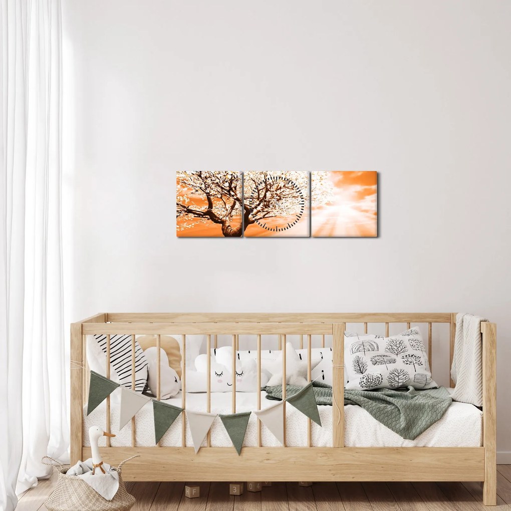 Oranžový obraz stromu (s hodinami) (90x30 cm)