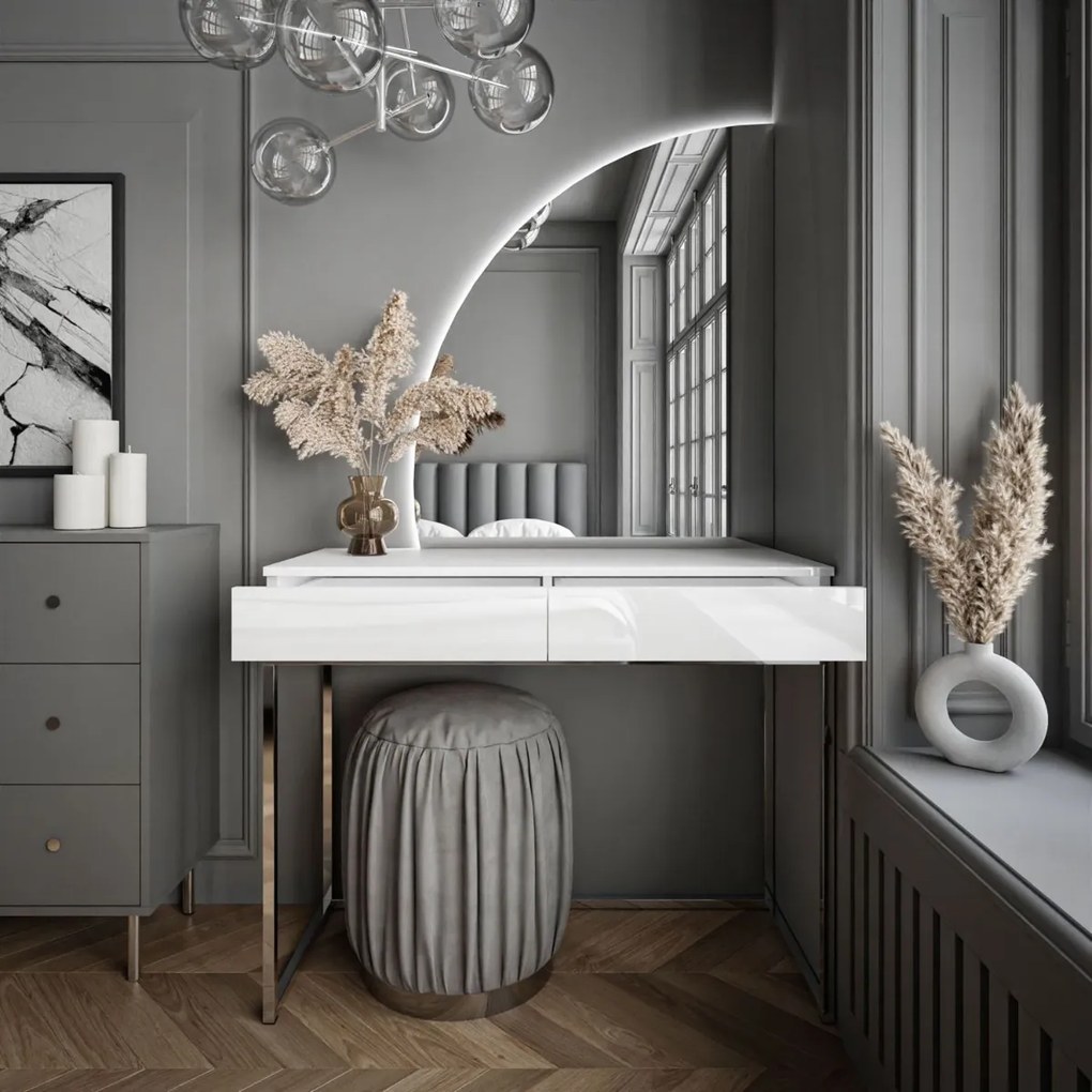 TOALETNÝ STOLÍK EMELINE BIELY LESK + CHRÓM LED ZRKADLO ĽAVÉ