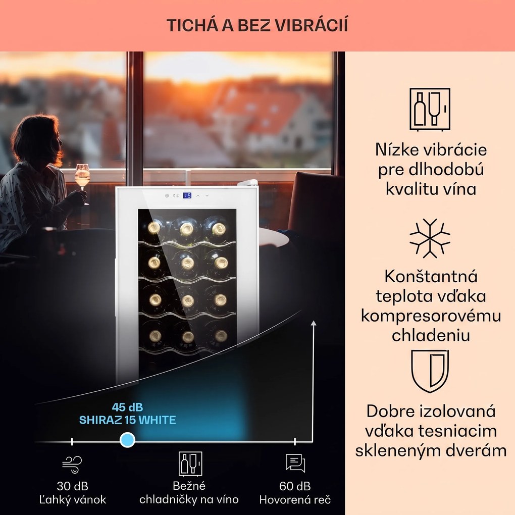 Klarstein Shiraz 15 Slim Uno, vinotéka, 44 l, 135 W, 5–18°C, dotykové ovládanie, biela