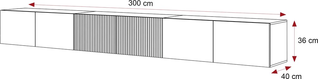 Moderná závesná TV skrinka Dorothy hladká + drážky 300 cm biela