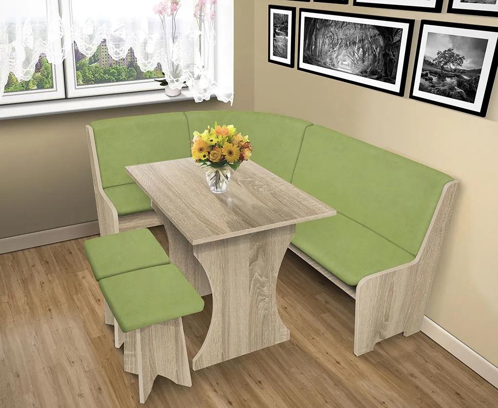 Nabytekmorava Jedálenská rohová lavica sa štokrlemi a stolom farba lamina: orech 729, čalúnenie vo farbe: Alova zelená