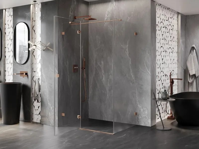 Mexen Lunar T, sklápací sprchový kút ľavý 100 x 120 cm, 8mm číre sklo, medený matný profil, 834T-100-120-65-00-L