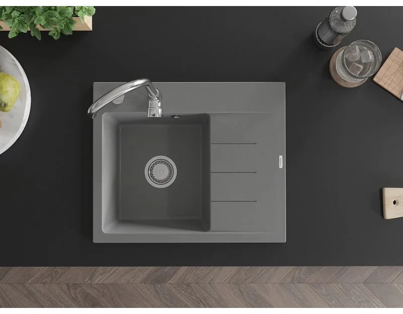 Mexen Ben, 1-komorový granitový drez 600x500x190 mm, ľavý+ chrómový sifón, šedá, 6522605000-71