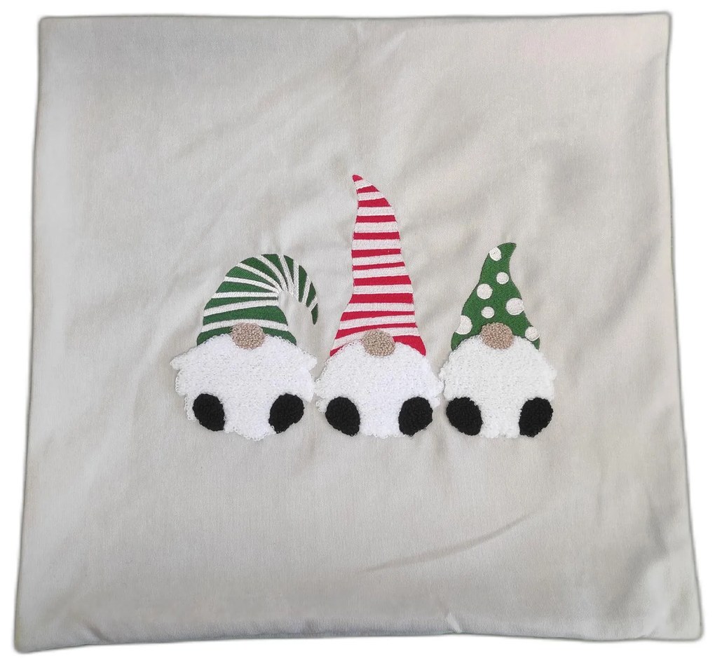 Vianočná 3D obliečka na vankúš CHRISTMAS - 3 škriatkovia 45x45 cm - šedý/červený/zelený/biely