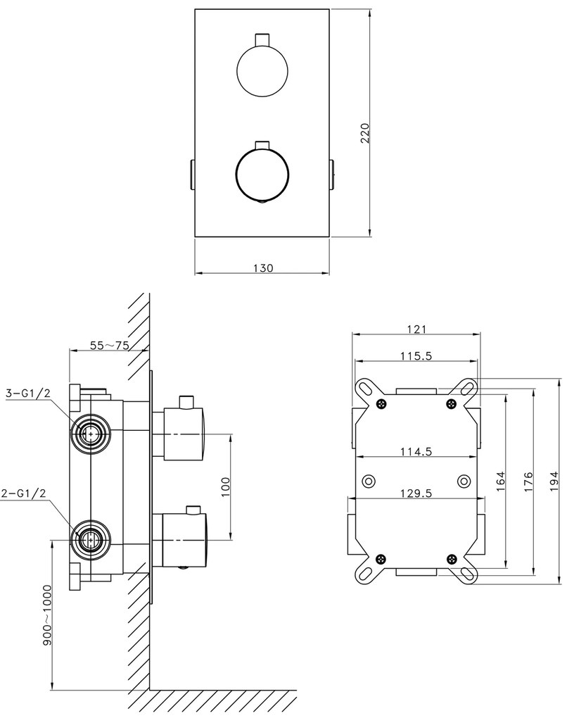 Sapho, KIMURA Podomietková sprchová termostatická batéria, box, 3 výstupy, chrómová, KU383