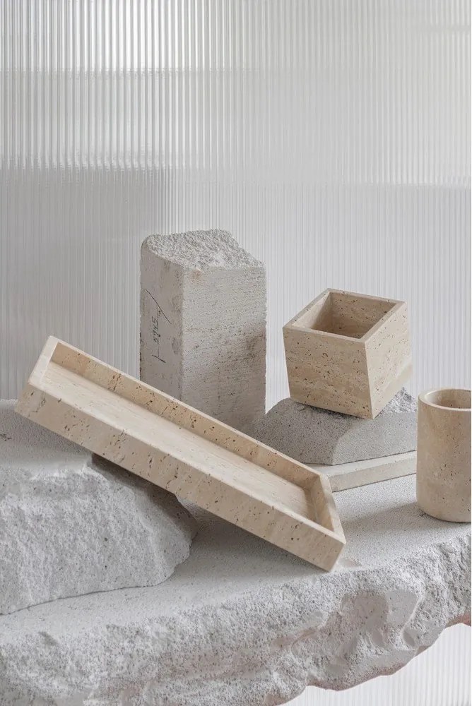 Béžový kamenný kúpeľňový organizér na vatové tampony Travertine – Mette Ditmer Denmark