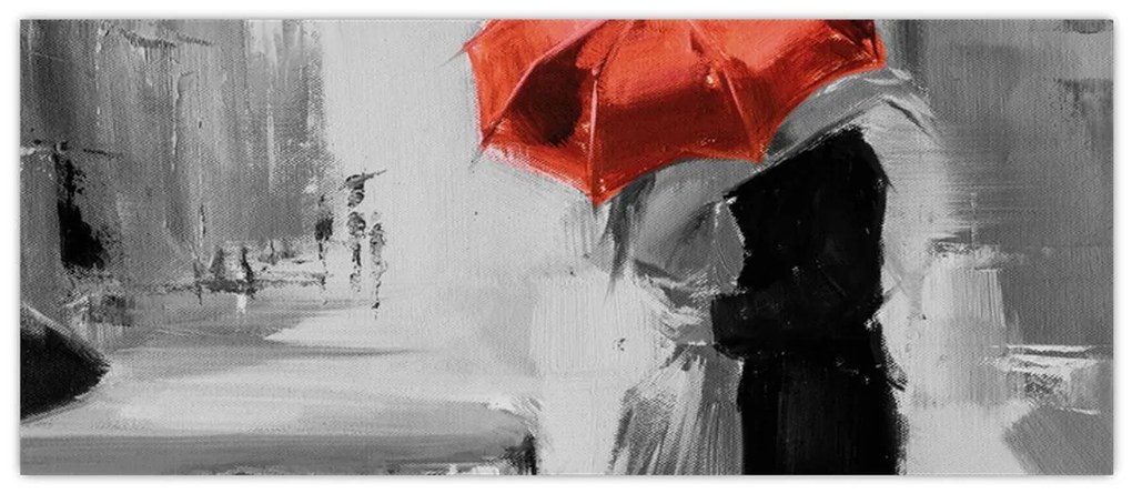 Obraz - Zamilovaný pár pod dáždnikom, červený (120x50 cm)