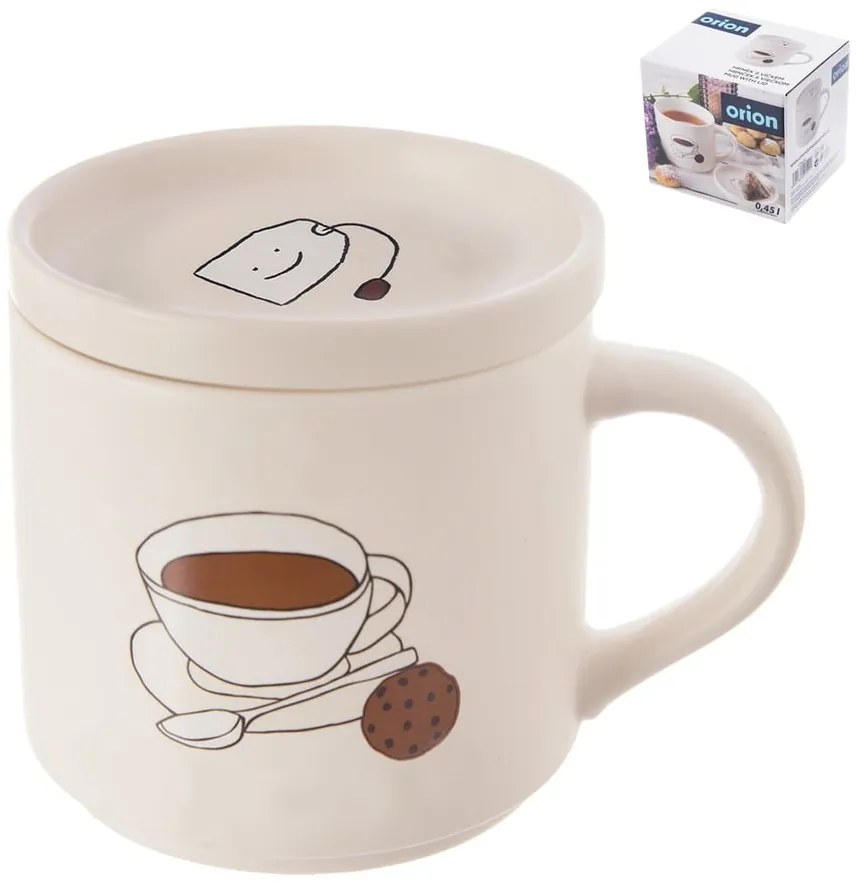 Biely porcelánový hrnček s viečkom 450 ml – Orion