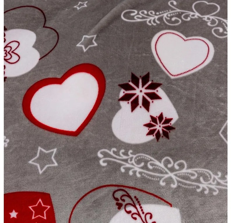 2x Sivá vianočná mikroplyšová deka CHRISTMAS HEART 150x200 cm